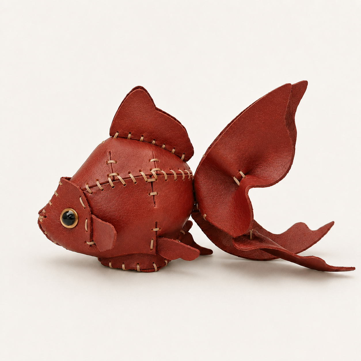The Red colourway — a goldfish model in deep red leather, hand-stitched, with fanned fins and a gold-ringed eye.
