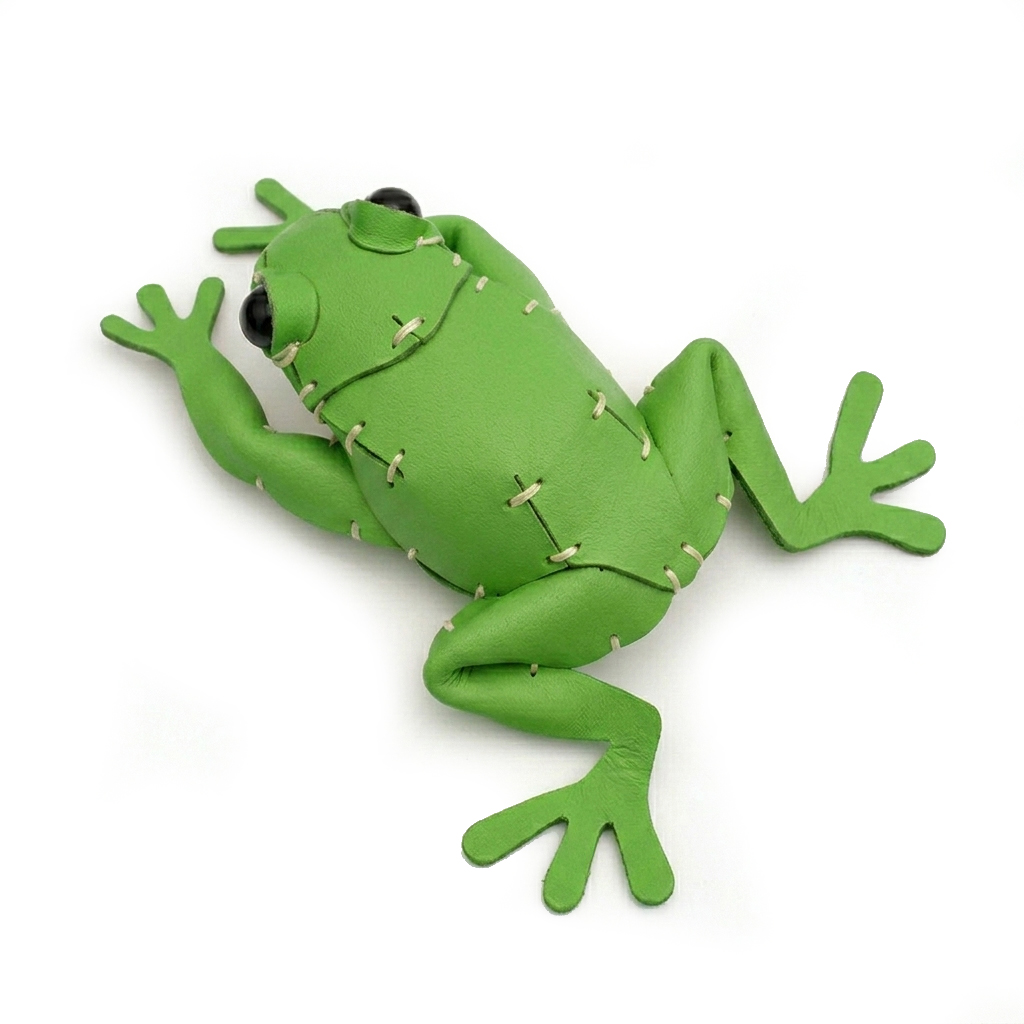 The Green colourway — a single leather frog, seen from above.