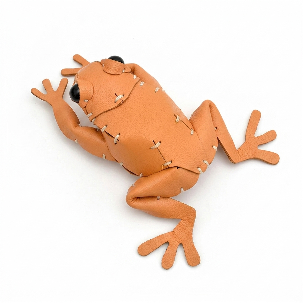 The Orange colourway — a single leather frog, seen from above.