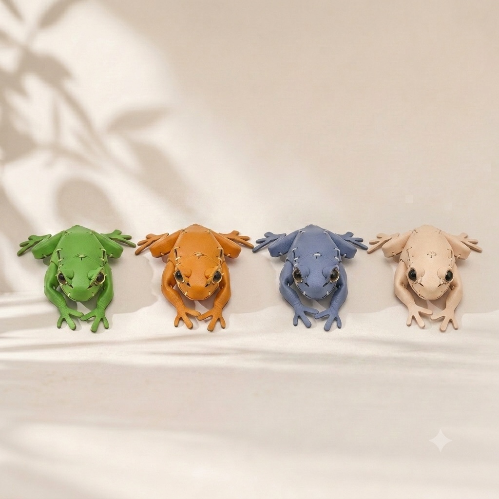 Four hand-stitched leather frogs in green, orange, blue and natural