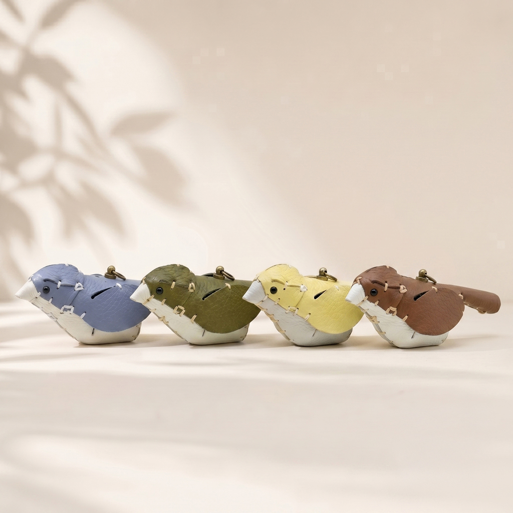 Four hand-stitched two-colour leather birds — blue, khaki, yellow and brown, each with a white breast