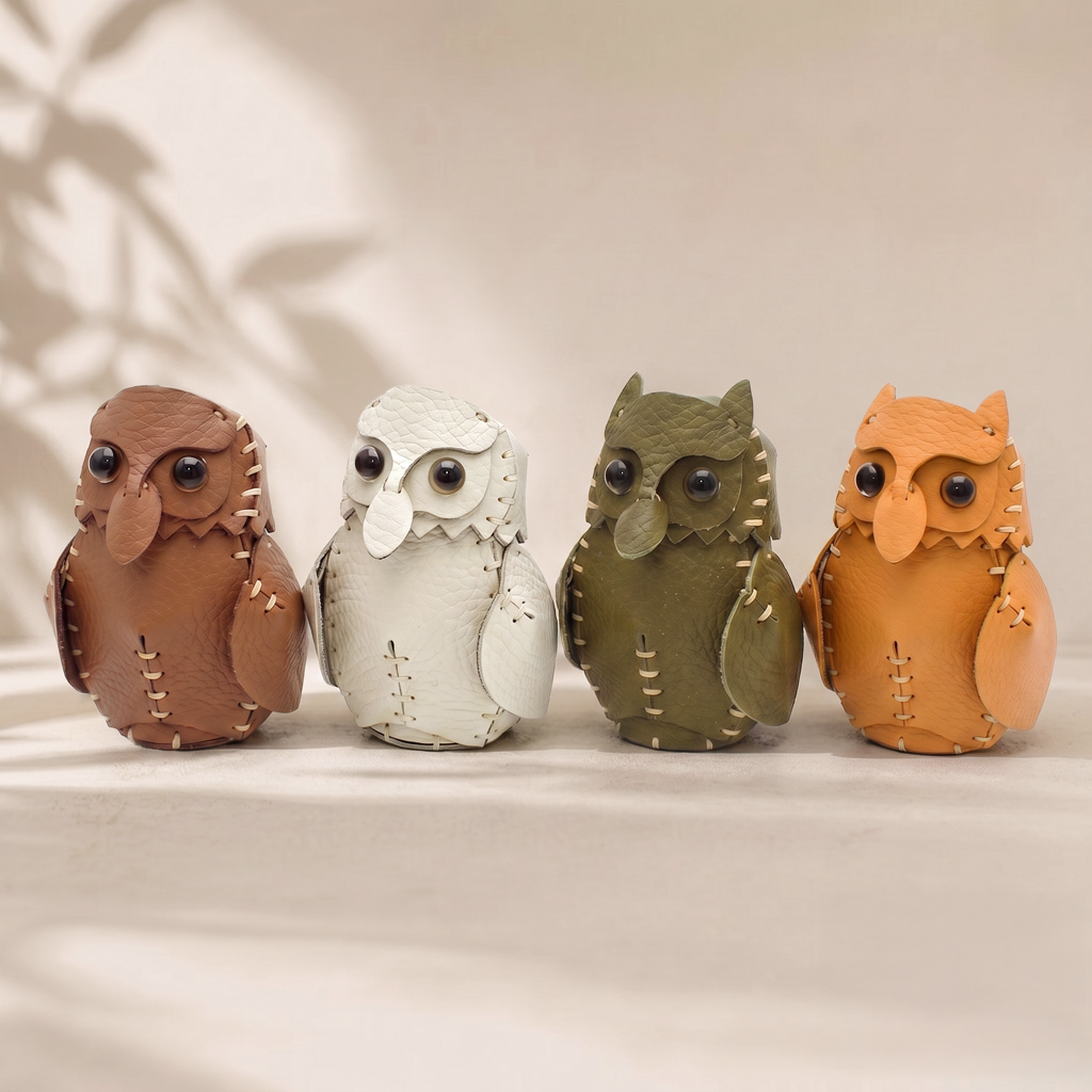 Four hand-stitched leather owlets in brown, white, olive and orange