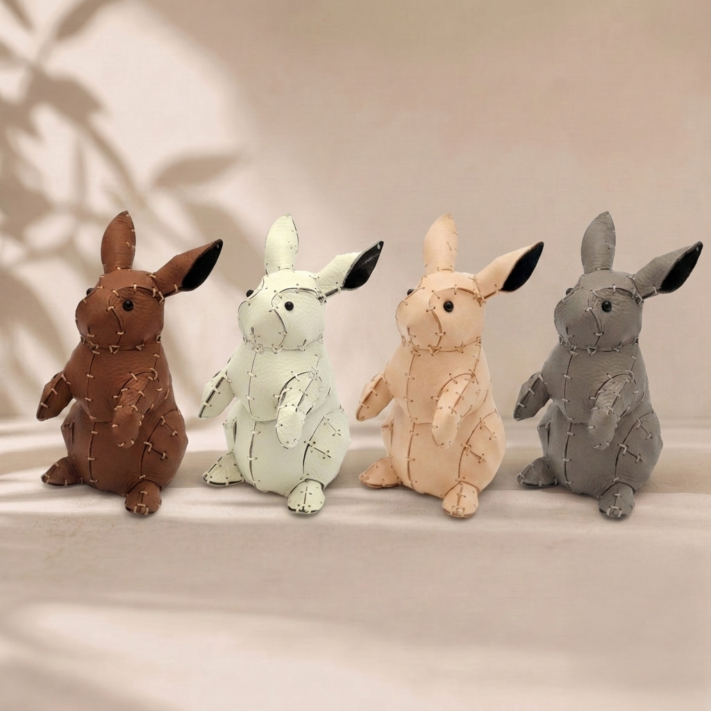 Four hand-stitched leather rabbits in brown, white, natural and grey