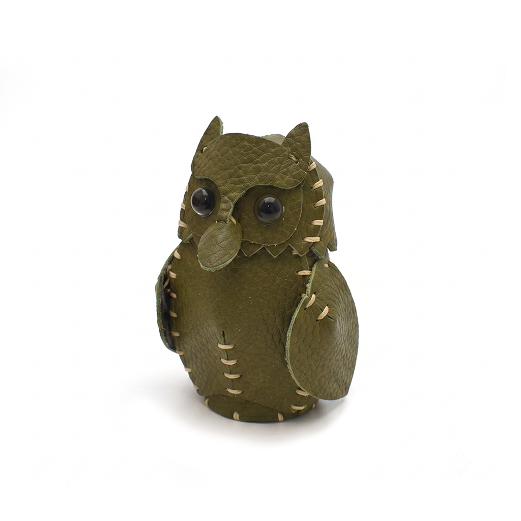The Khaki colourway — a single hand-stitched horned owlet, front view.